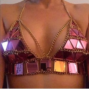 Pink chain bra sequin crystal rave mirror top